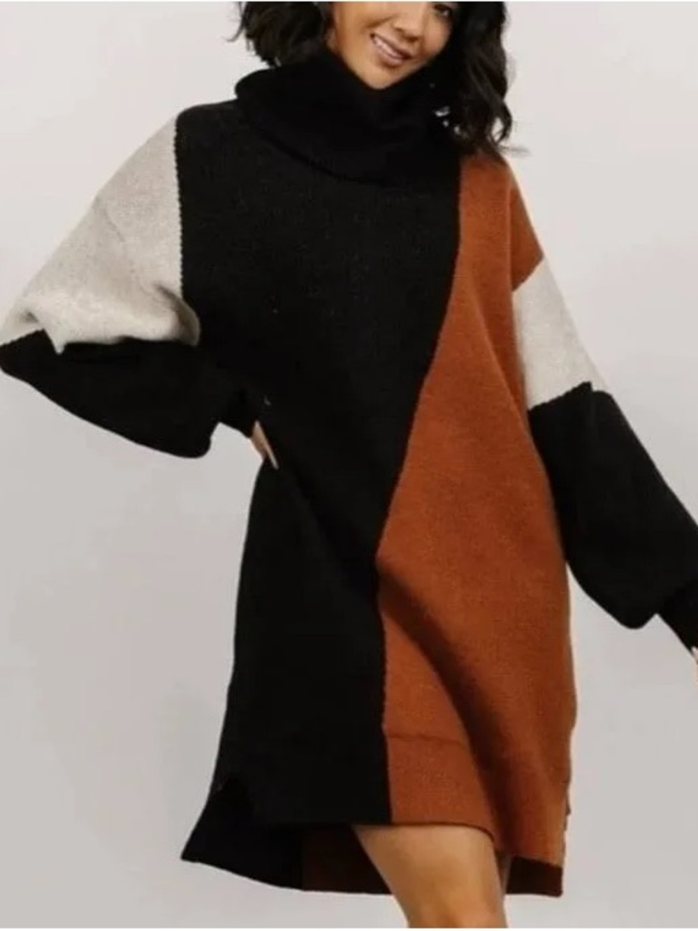 Baltic Born Black, Rust & Cream Colorblock Turtleneck Sweater Dress